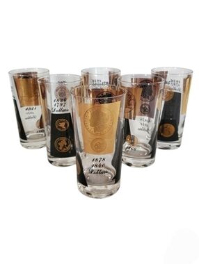 Cera 22K Gold Coin Highball Glasses Barware Set of 6 Vintage MCM